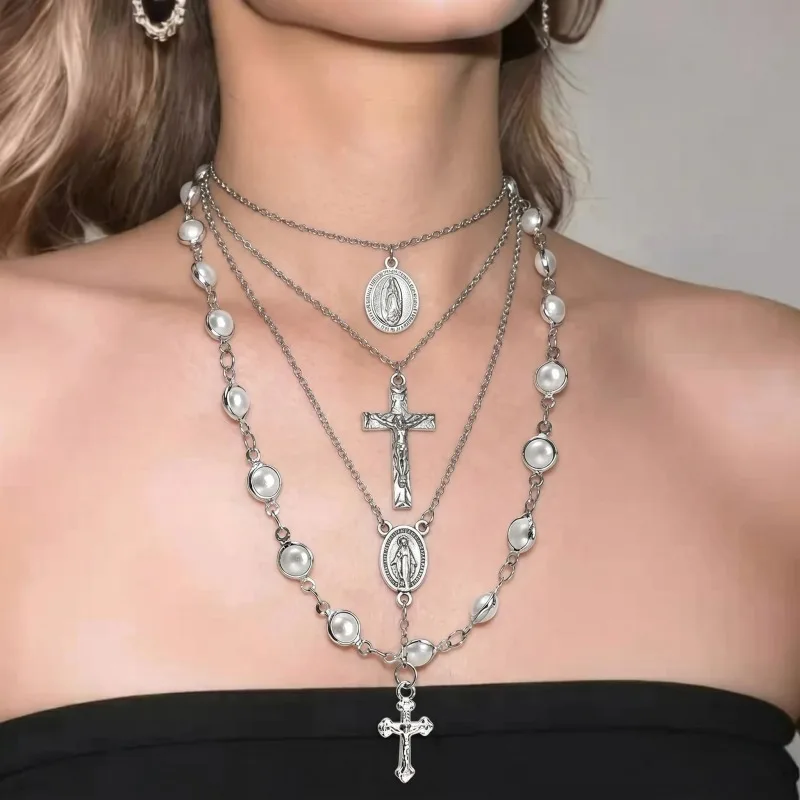 4pcs/set Cross Pendant Layered Necklace Y2K Multi Layer Chain Vintage Retro Womens Necklaces Trendy Party Jewelry Accessories