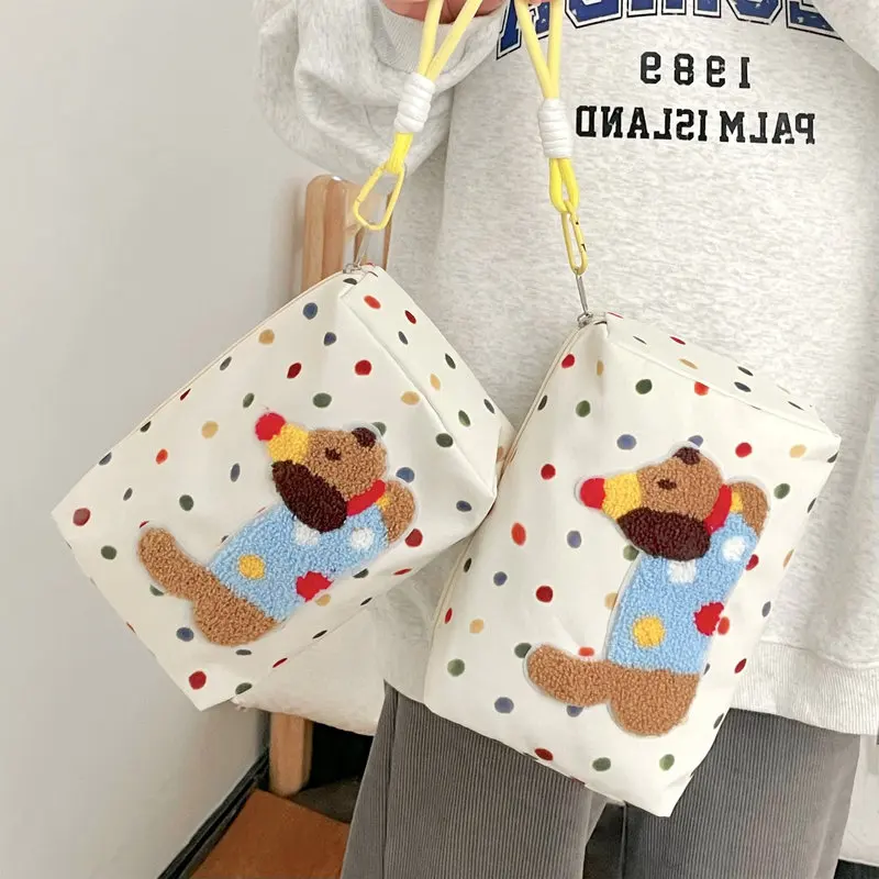 Portable Versatile Cartoon Cute Embroidered Makeup Bag, Travel Cosmetic Organizer Pouch, Hand Carry Clutch for Daily & Shopping