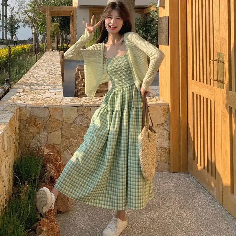 Sweet Girl Off-shoulder Sleeveless Slim Waist Plaid Camisole Dress + Solid Color V-neck Thin Knitted Smock Cardigan 2-piece Set