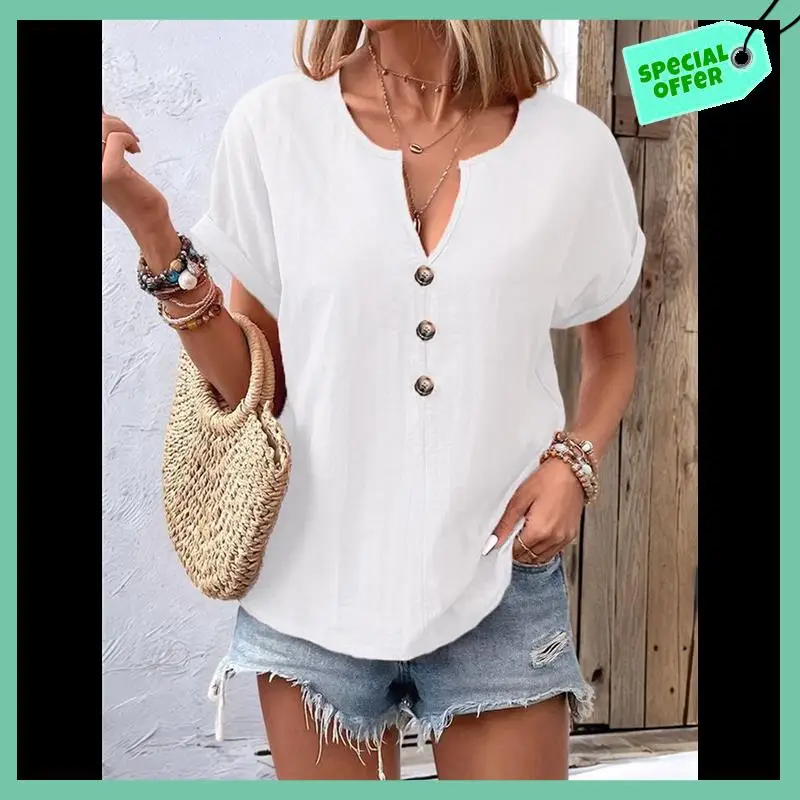 

Sturdy Womens Casual Button Down Notched V Neck Blouses Tops Loose Short Sleeve Solid Fall Shirts For Women