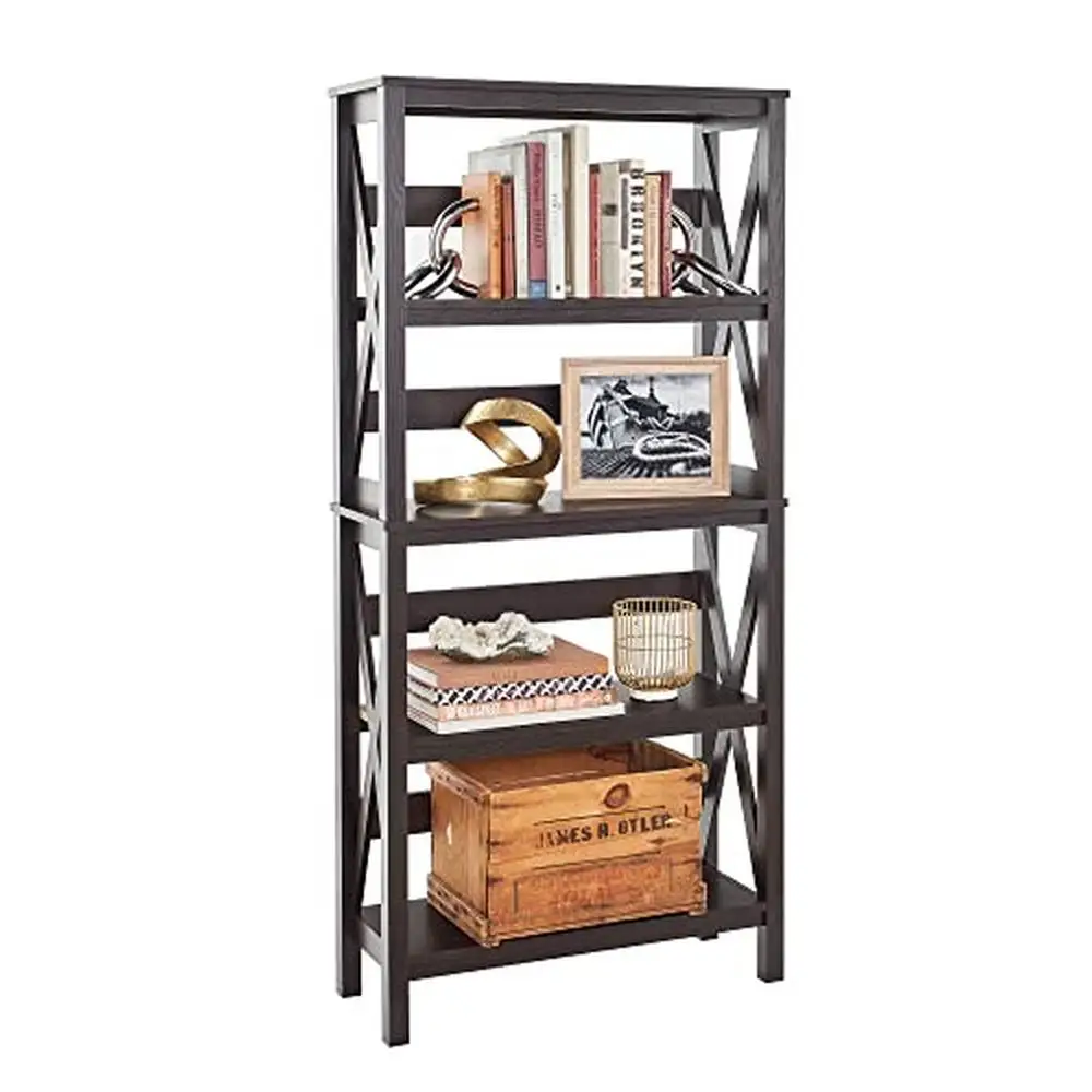 Modern X-Frame Design 5-Tier Bookshelf Black Walnut Wood 63.4