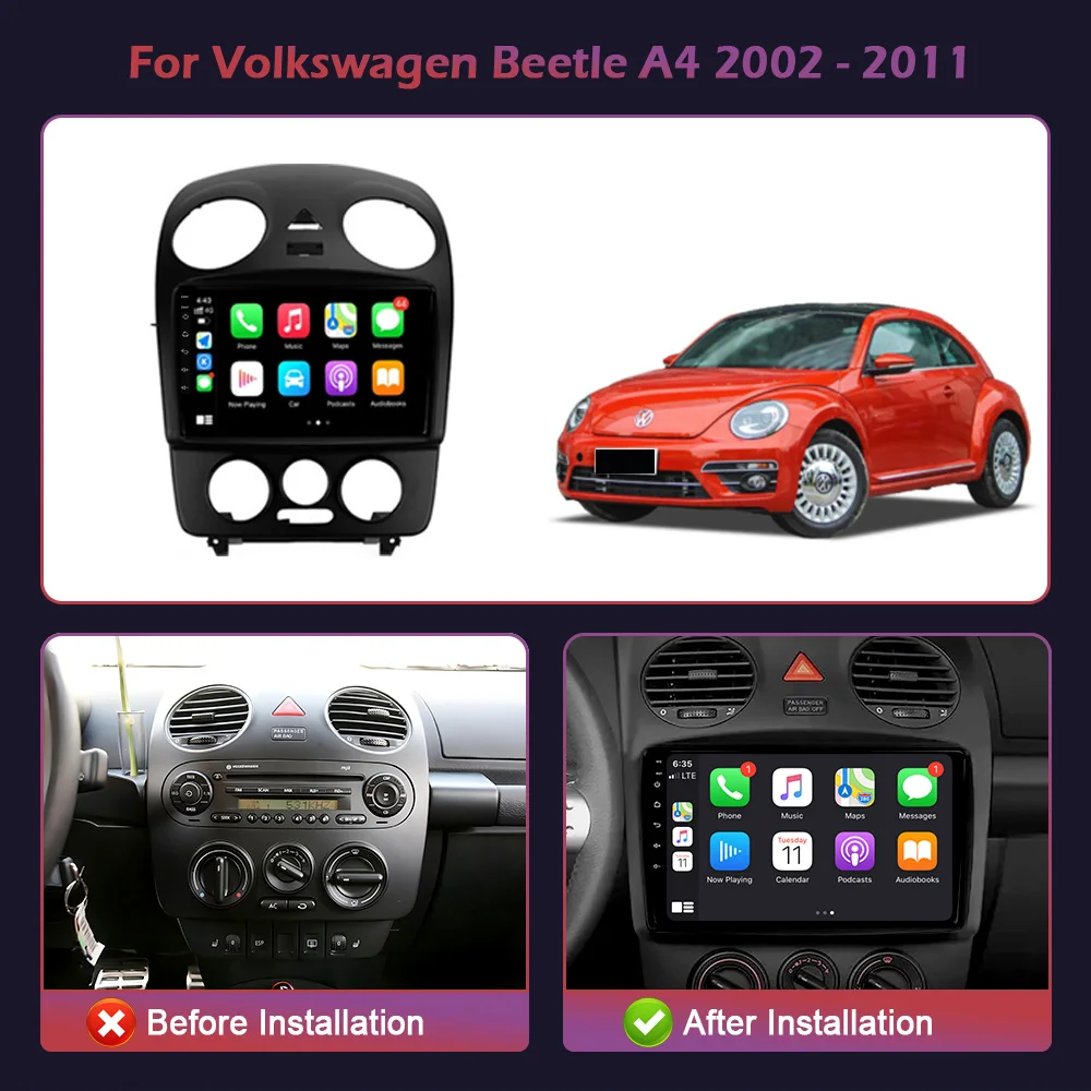 For Volkswagen New Beetle A4 2002-2011 Android 14 Car Radio Multimedia Navigation Android Auto Radio CarPlay 2 Din Stereo Screen