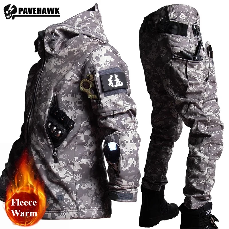 Camo Warm Training Set Mens Soft Shell Waterproof Fleece Hooded Jacket+Multi Pocket Tactical Overalls 2-pcs Hiking Suits Winter