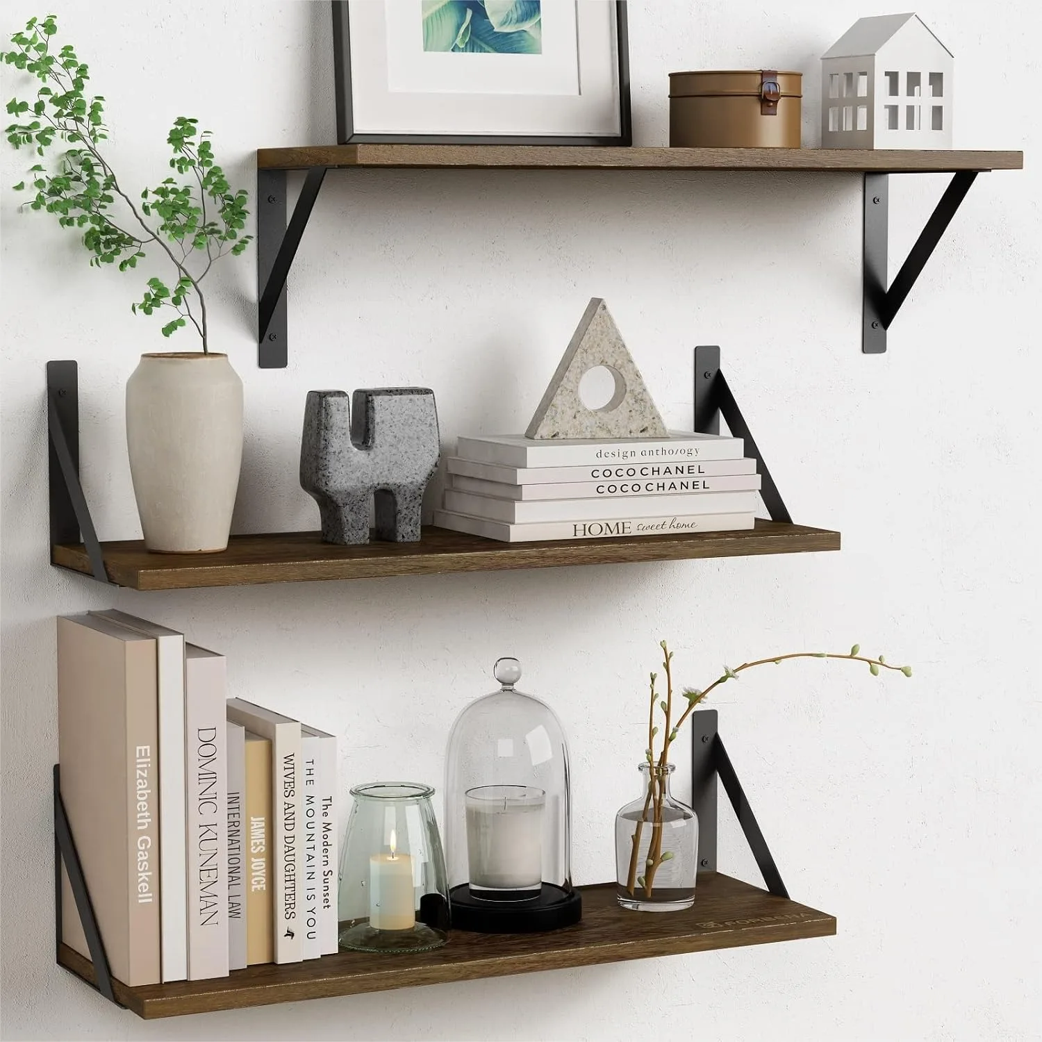 

24 Inch Floating Shelves Set of 3, Large Rustic Wood Wall Bookshelf for Living Room, Bedroom, Kitchen Storage (Dark Brown)