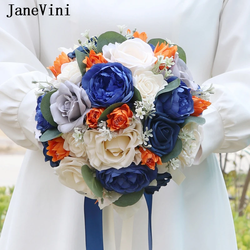 JaneVini-Bouquet de Mariage Artificiel Bleu Royal, Vintage, Décoration pour Mariée, Patients à l'Extérieur, Fleurs, Accessoires