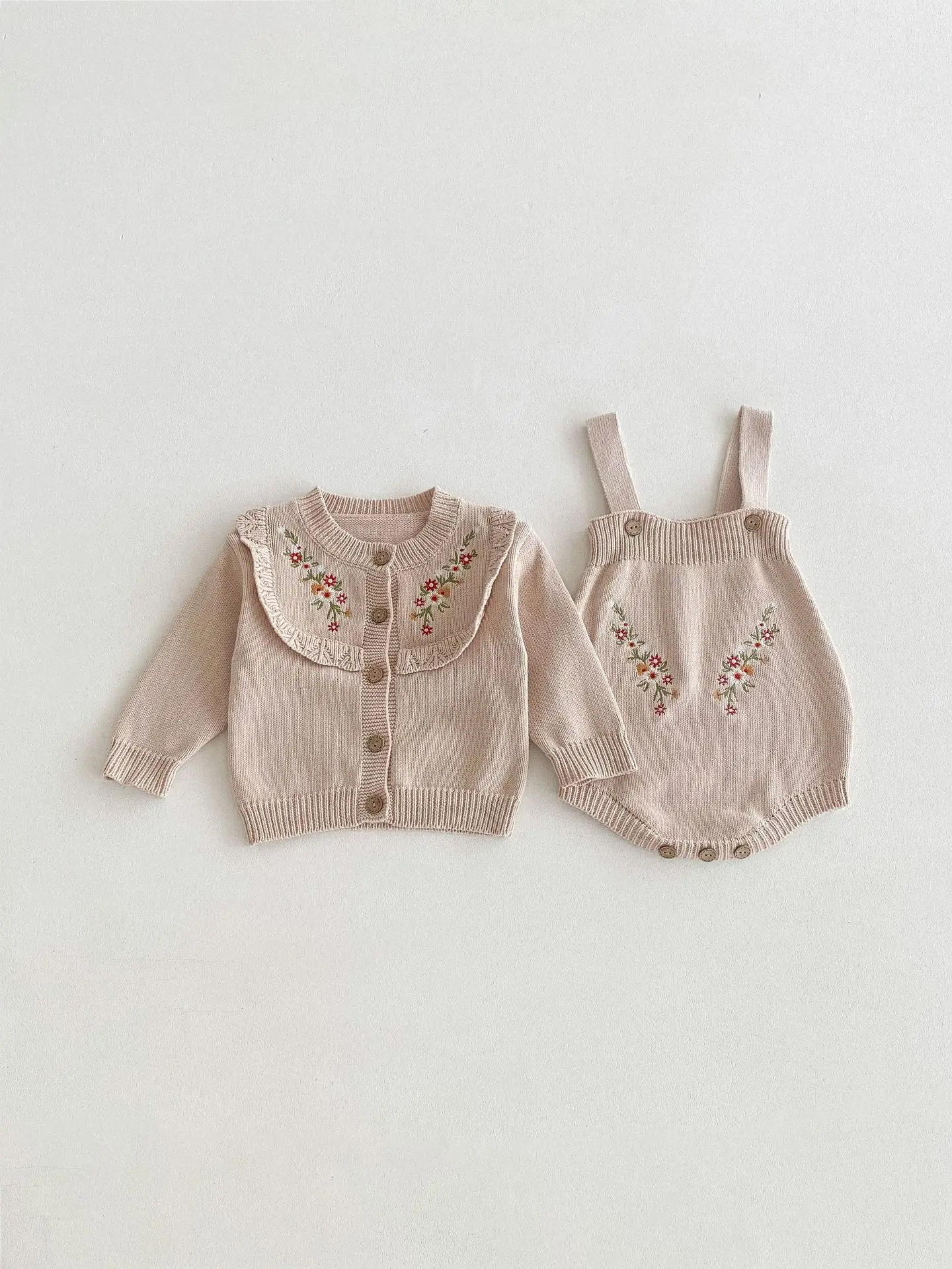 2024 Autumn New Baby Girl Flower Embroidery Knitted Set Newborn Cardigan Coat + Sling Bodysuit 2pcs Suit Infant Toddler Outfits