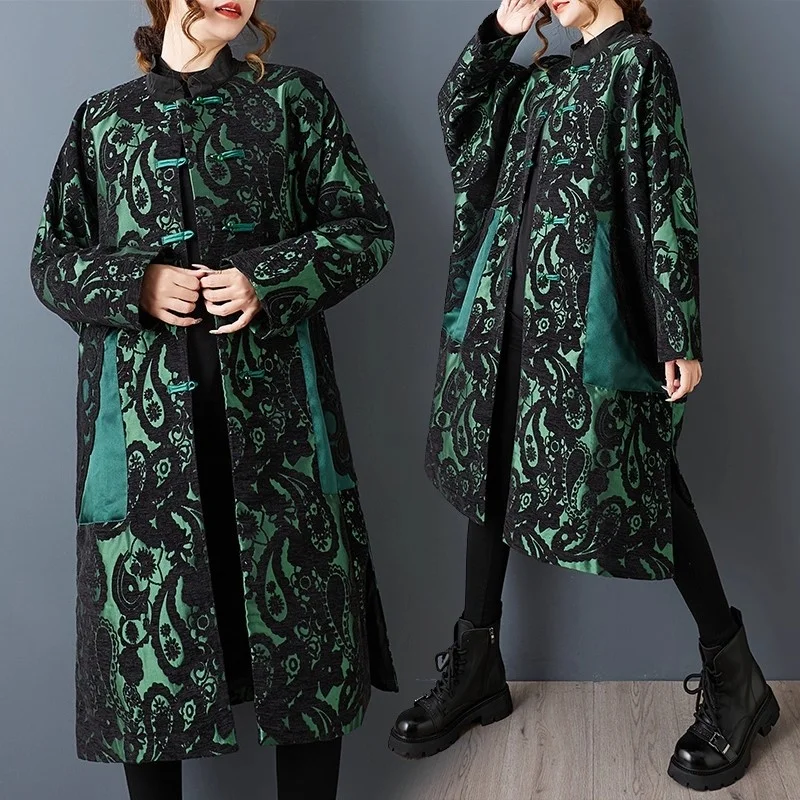 Women's Luxury Jacquard Mid-Length Chinese Style Loose Jacket Oversized Outerwear for Spring Autumn New Arrival W1719