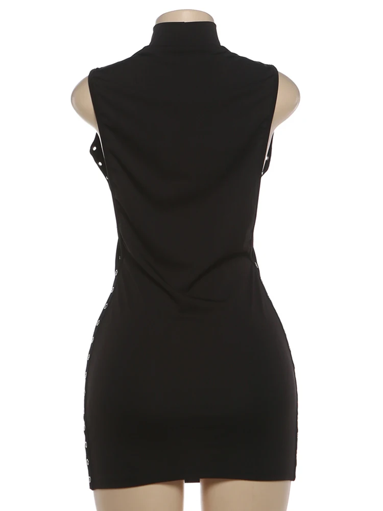 Kliou Side Hollow Design Mini Dress Woman o-Neck Sleeveless Metal Rings Decoration Skinny Peach Hip Midnight Club Party Bodycon - Image 5