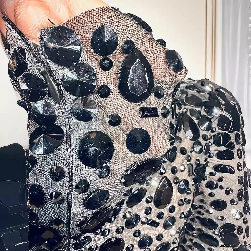 فستان نسائي ربيعي أسود من الماس بمنظور صغير أنيق مزين بالترتر متوسط الطول على الورك فستان أسود للحفلات الراقصة من Vestidos Brillantes