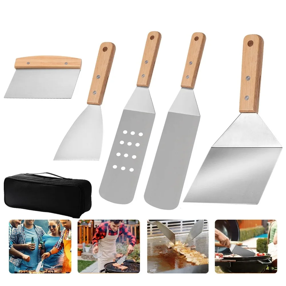 Image of Edelstahl-Patel-Wender mit abgeschrägter Kante und Hartholzgriff für Gusseisen-Flachgrill-Grills, Hamburger-Grillwerkzeug, 5/8 Stück