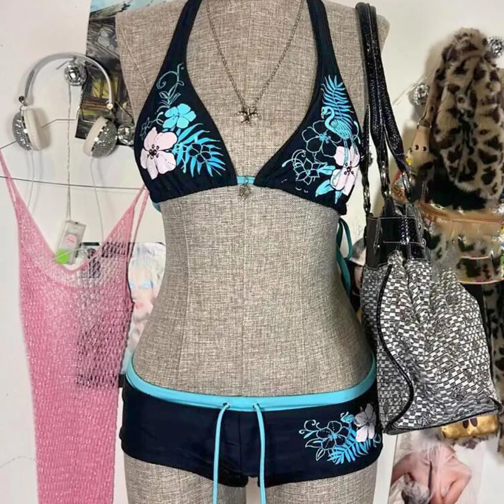 

Fashion Vintage Bikini Set Flower Print Adjustable Halter Strap Swimwear Sexy Low Waist Bathing Suit Woman