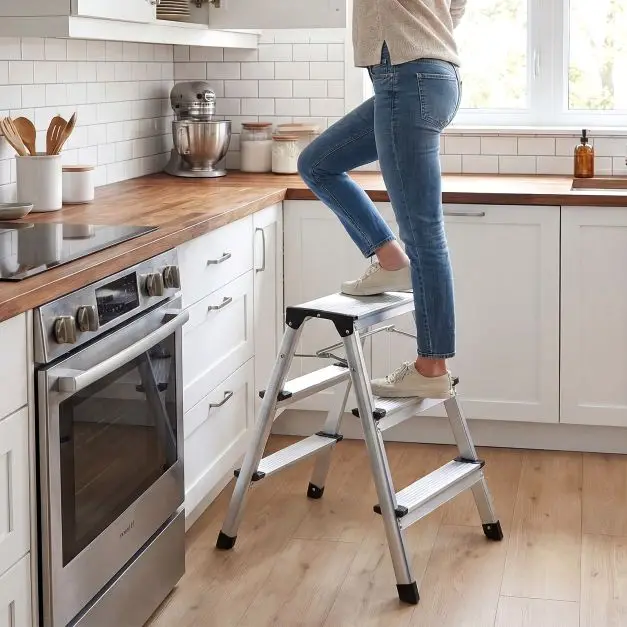 Klappbare 3-Stufen-Aluminiumleiter, Rostfrei und Leichtgewichtig, 150kg Tragfähigkeit, Kompakter Tragbarer Tritthocker für Innen- und Außenbereich – Detail 3