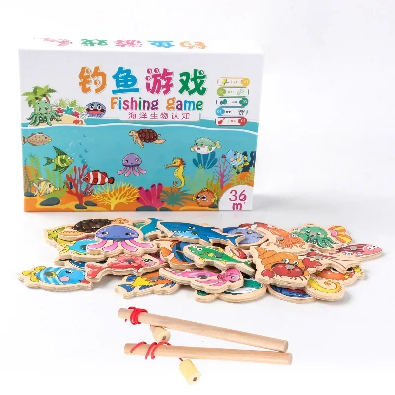 

Education Parent-Child Interactive Montessori Wooden Magnetic Fishing Toys Baby Cartoon Marine Life Cognition Fish Games