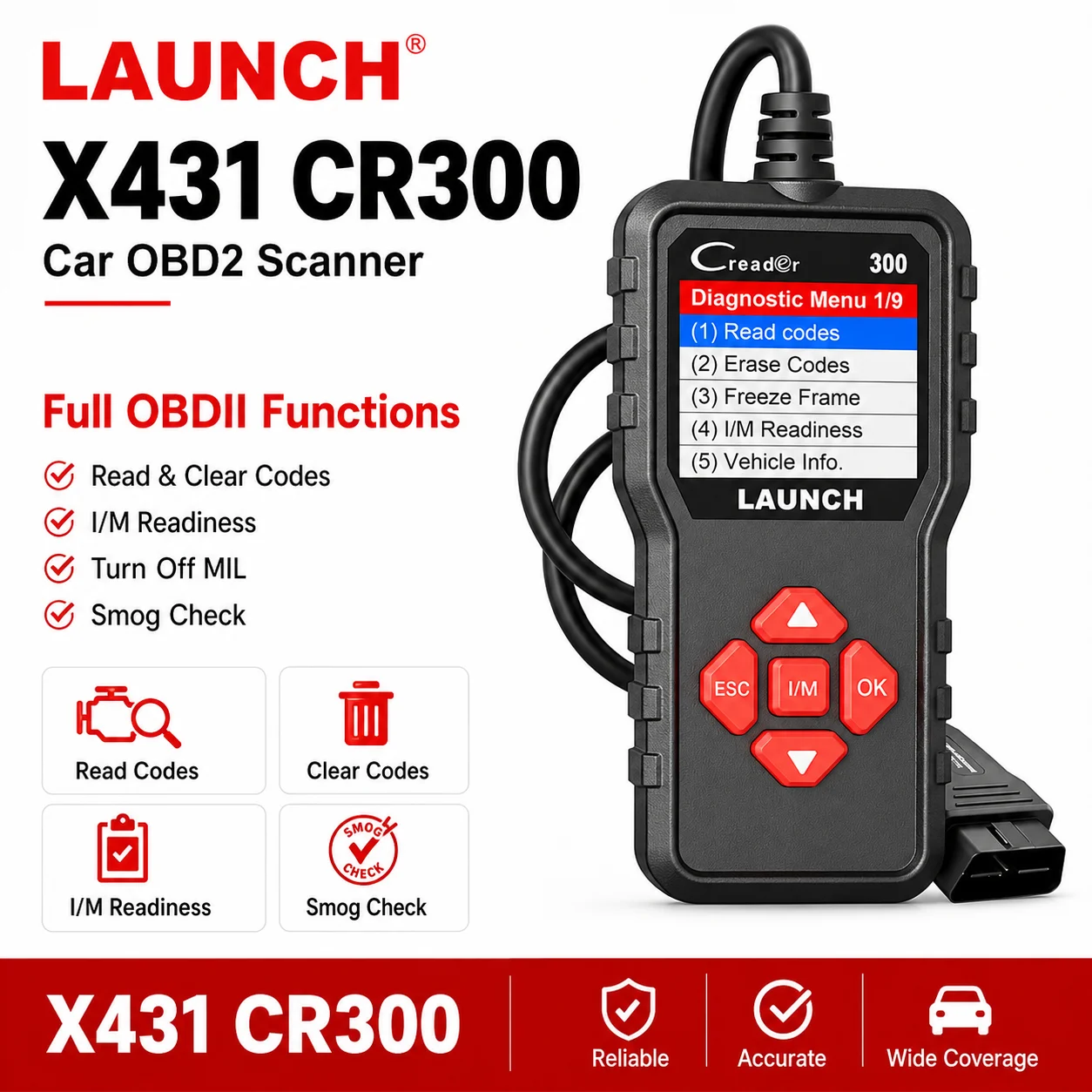 LAUNCH X431 CR300 Car OBDII Scanner Code Reader I/M Readiness Engine Light Erase Diagnostic Tool Battery Tester Free Update