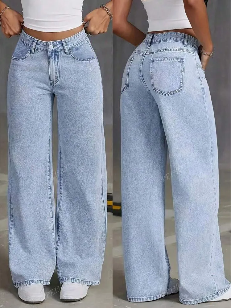 

Summer Women's Clothing High Waist Straight Leg Denim Jeans For Female Cotton Casual Long Pants Loose Fit Everyday Basic Wear