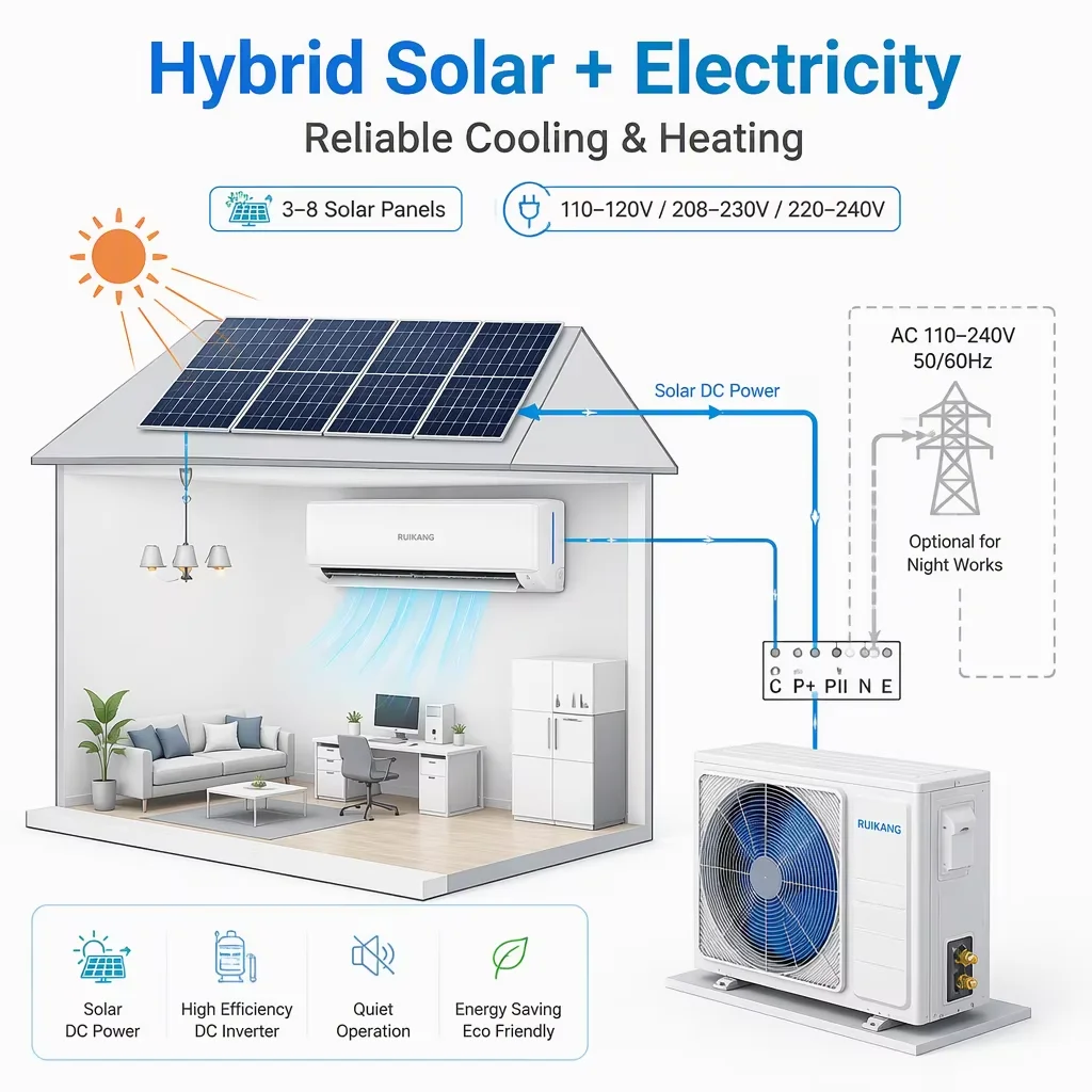 Smart Wifi  12000BTU Ac Dc Solar Wall Type Aircon Dual Input Power Design for Africa Power Cut Emergency Cooling