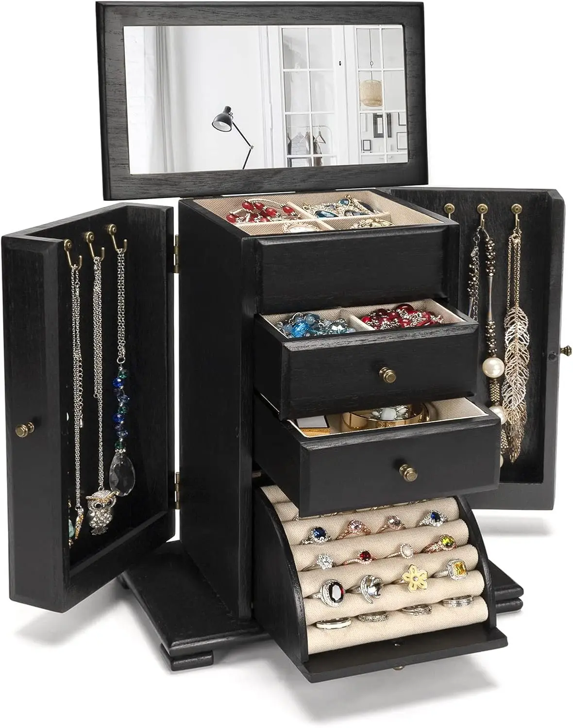 Jewelry Box for Women, Rustic Wooden Jewelry Boxes & Organizers with Mirror, 4 Layer Jewelry Organizer Box Display