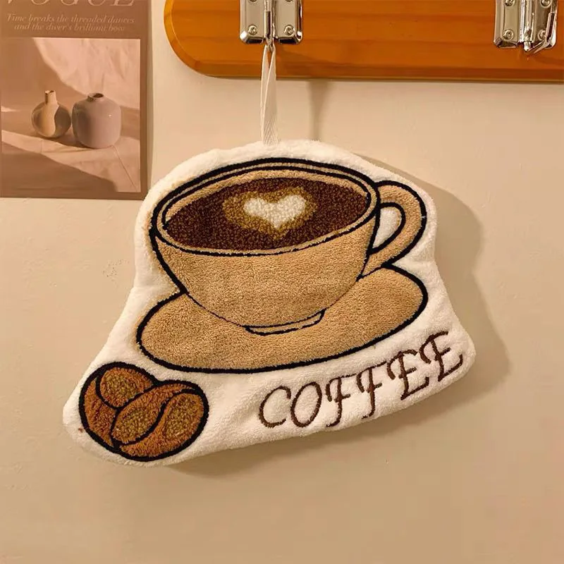 Cute Thickened Coral Fleece Coffee Hanging Hand Towel Soft Embroidered Kitchen Children's Towel Handkerchief for Home