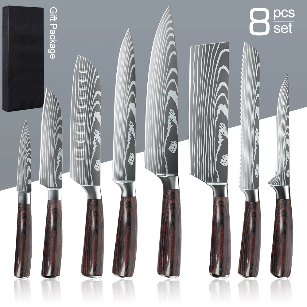 Kitchen Knives Set 8 PCS Professional Knives Santoku Cleaver Slicing Knife Stainless Steel Boning Knife Butcher Cleaver Knife