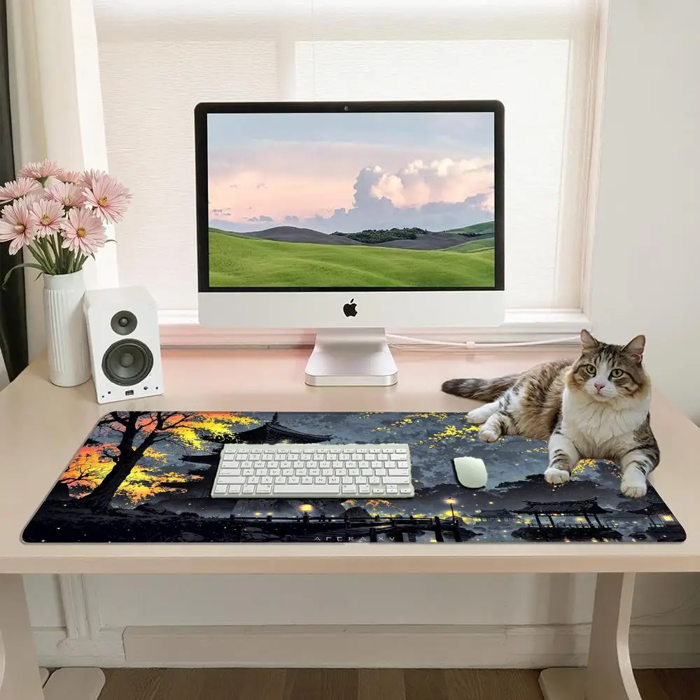 Monochrome Oriental Pagoda Large Mouse Pad East Asian Art Non Slip Rubber Desk Pad Gaming Keyboard Desk Mat For Table Decor Gift