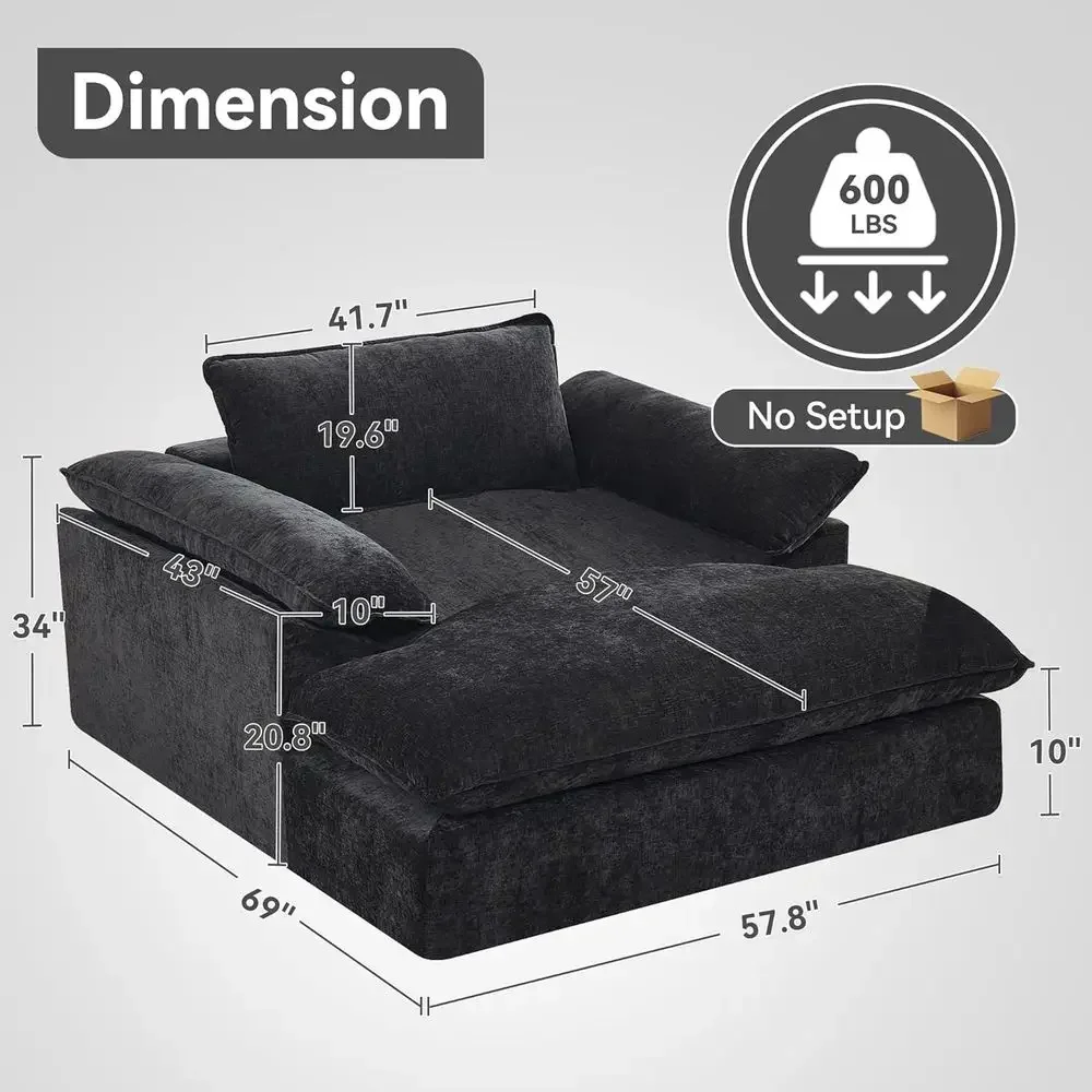 Oversized 69 Grey Chenille Lounge Chair with Metal Springs, Indoor Sofa Bed, Reading Chair with Ottoman, Suitable for Living Roo