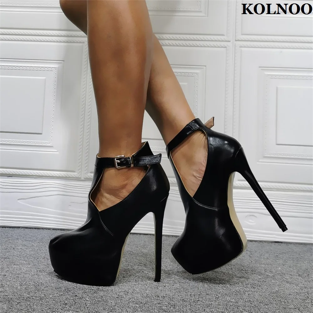 

Kolnoo New Handmade Women's High Heel Platform Pumps Buckle Strap Large Size 35-47 Black Leather Evening Fashion Party Shoes