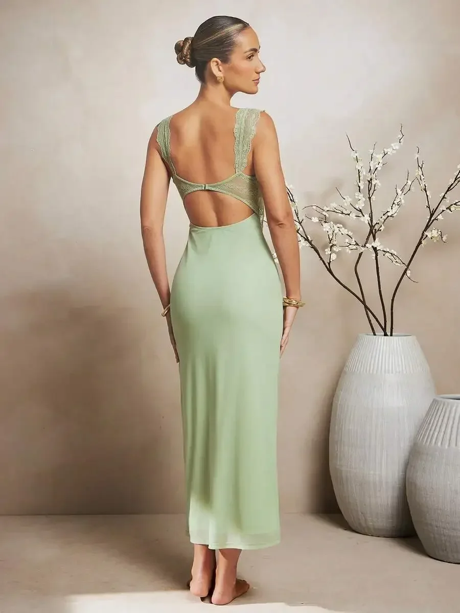 

Elegant Lace Mesh Cut Out Sleeveless Maxi Dress For Women