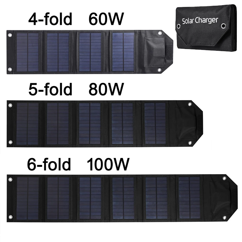 100W 80W 60W Foldable Solar Panel Portable Waterproof 5V USB Folding Bag Battery Charger Power Bank for Phone Outdoor Camping