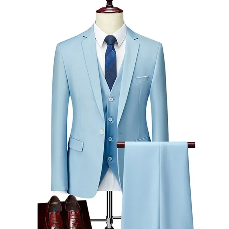 Men Business 3 Pcs Suit Vest Pants Sets / Male Groom Wedding Banquet Solid Color Large Size Brand Blazers Jacket Coat Trousers