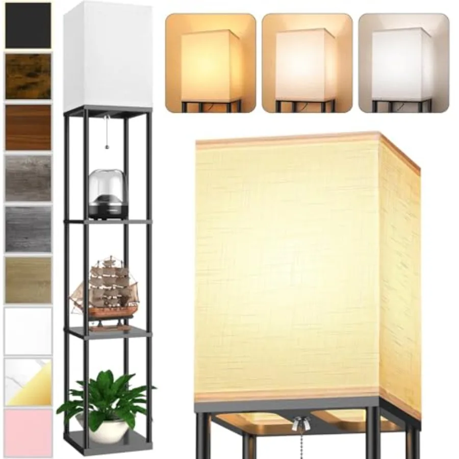 Floor Lamp with Shelves for Living Room, Shelf Floor Lamp with 3 CCT LED Bulb, Corner Display Standing Column Lamp Etagere Orga
