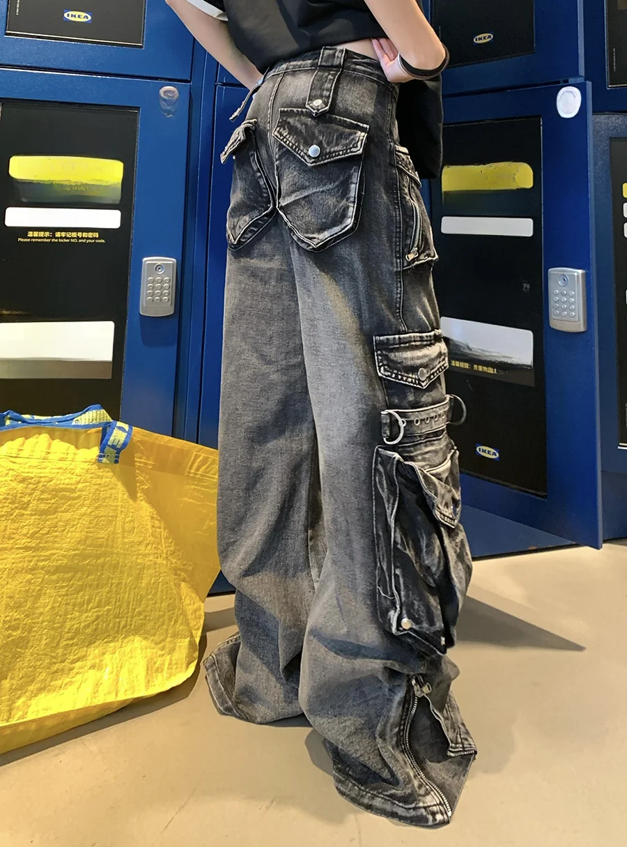 American Heavyweight Multi-Pocket Denim Jeans Women's Summer New Street Retro Wide Leg Pants Trendy Floor-Length Cuffed