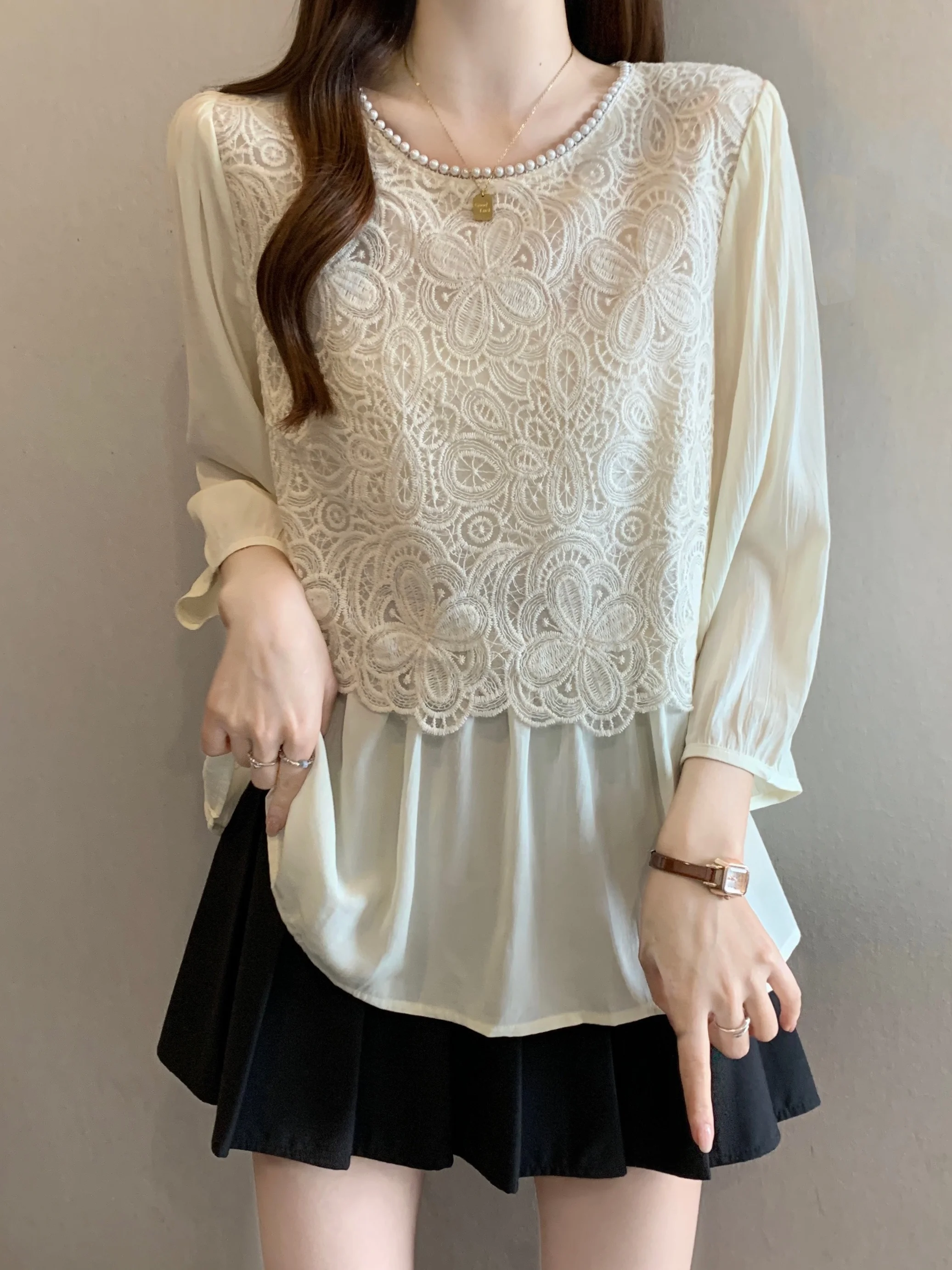 

Lace Hook Flower Short Sleeve Women's Shirt Korean Style Casual Breathable Loose Fit Summer New Arrival plus Size Fashion Top