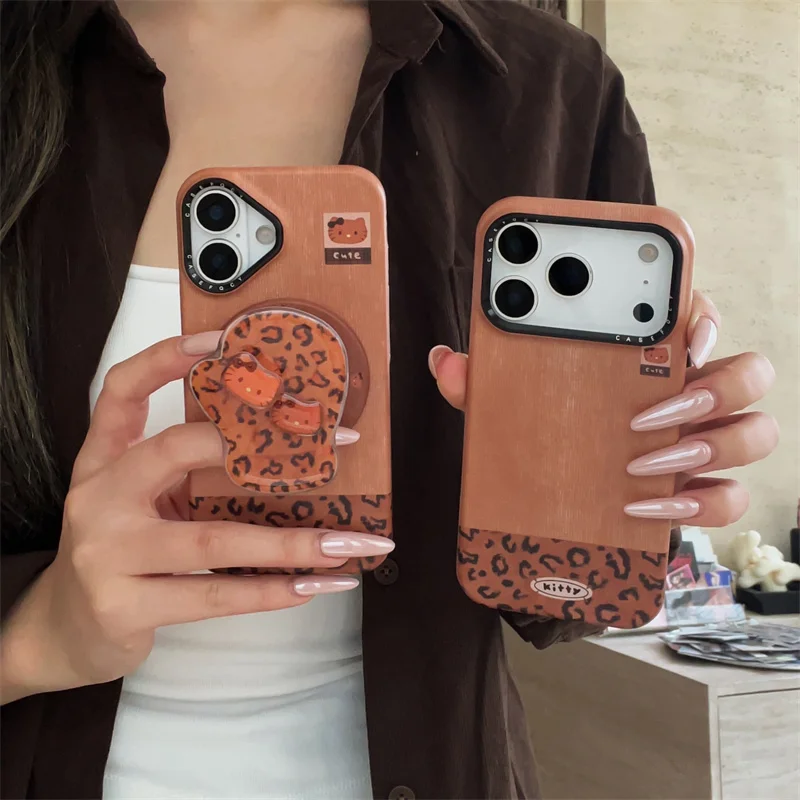

Fashion Brown Magnetic Phone Case For iPhone 17 Pro 16 15 14 Pro Max Cover with Stand For Magsafe Cartoon Hellokitty Cases