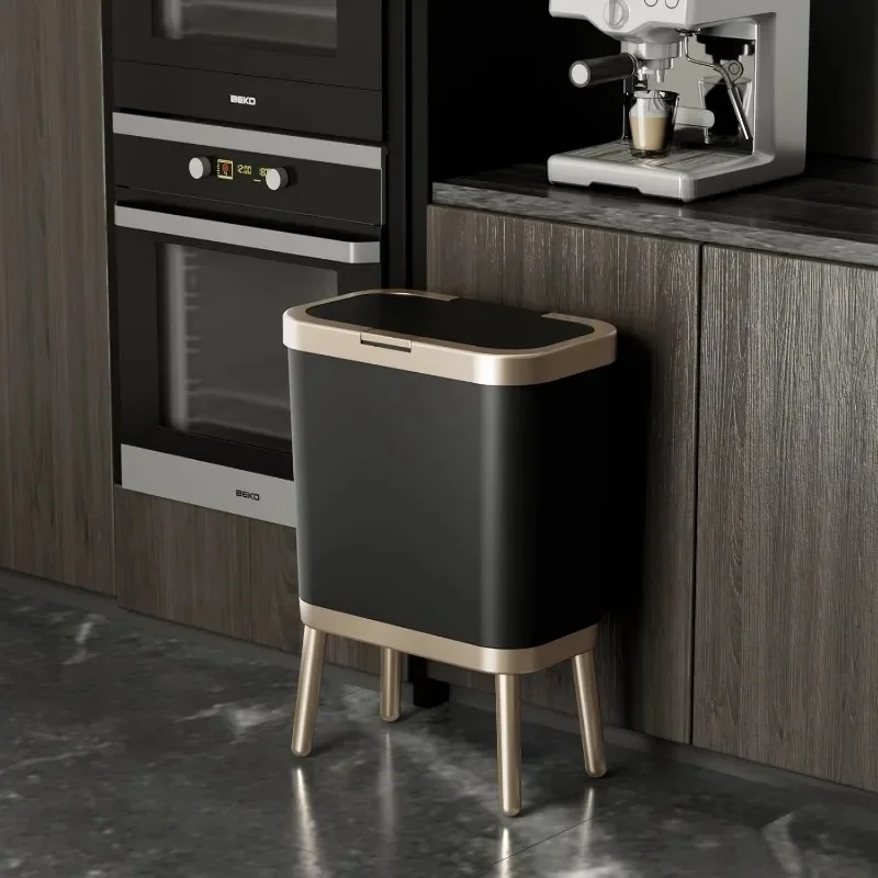 

15 Liters/4 Gallon Black Trash Can with Push Button Lid, Stylish Small Wastebasket with Gold Edge for Home or Office