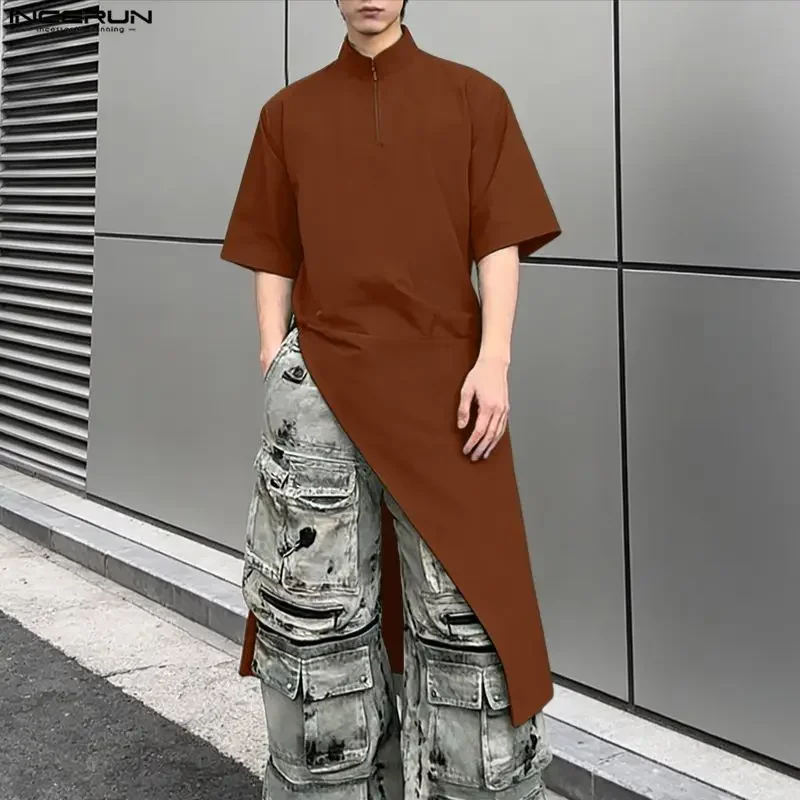INCERUN Men's Long Style Shirt Solid Color Stand Collar Short Sleeve Men Clothes Tops Streetwear Vintage Casual Shirts For Man