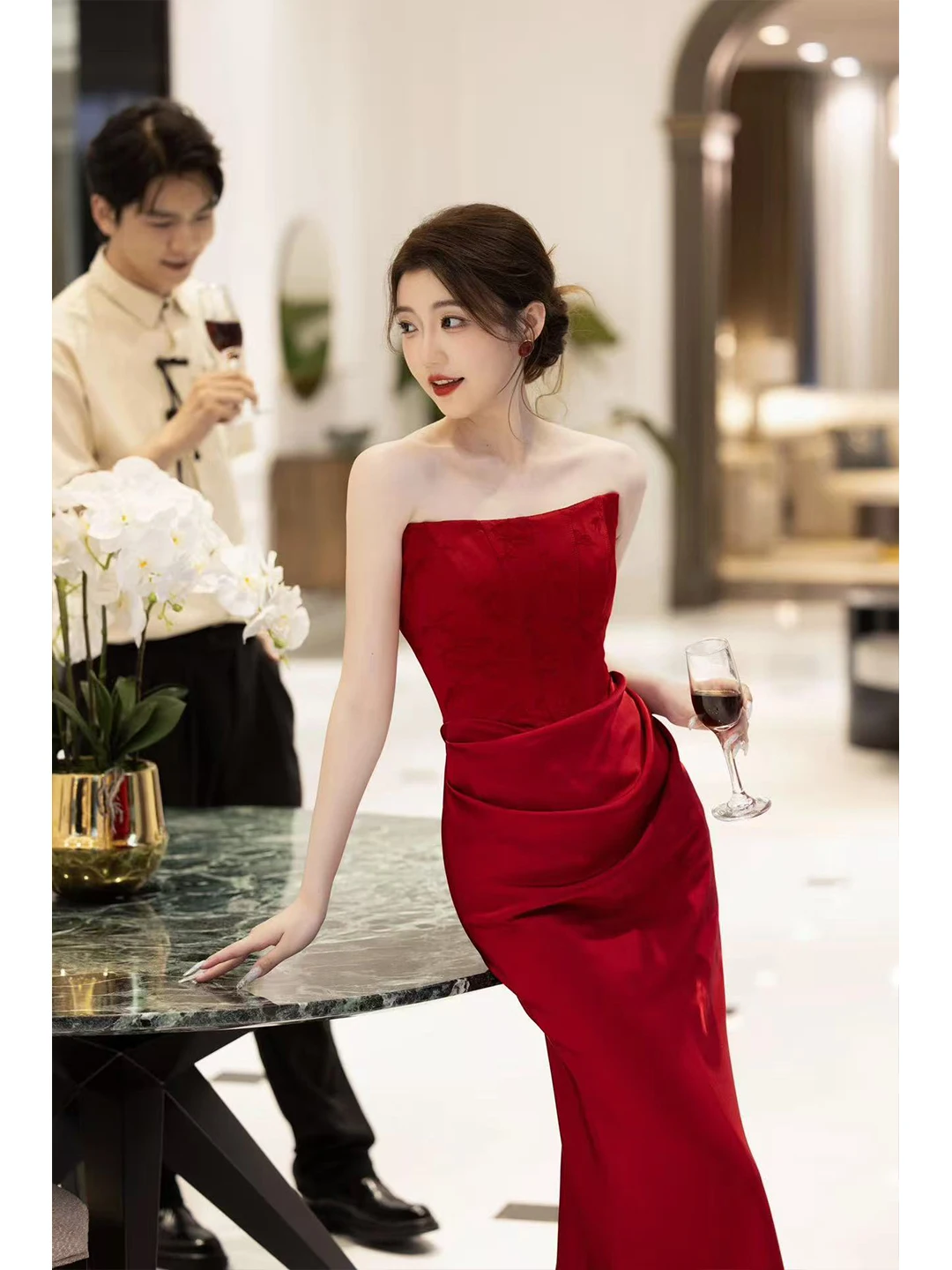 

Red Evening Gown Wedding Dr for Women New 2025 Sle Korean Version Embroidered mid Waist Long Skirt without Sve