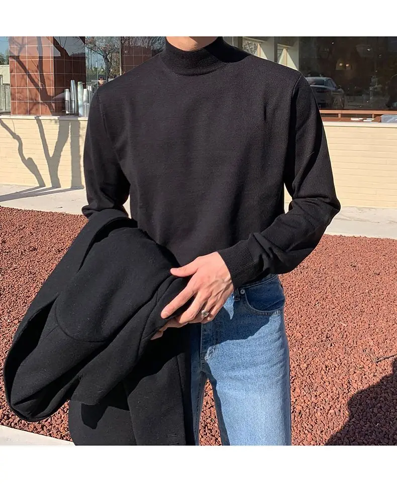 Half-turtleneck Sweater for Men, Long-sleeved Korean Style Trendy Knitted Sweater with Bottoming Shirt, Hong Kong Style Casual