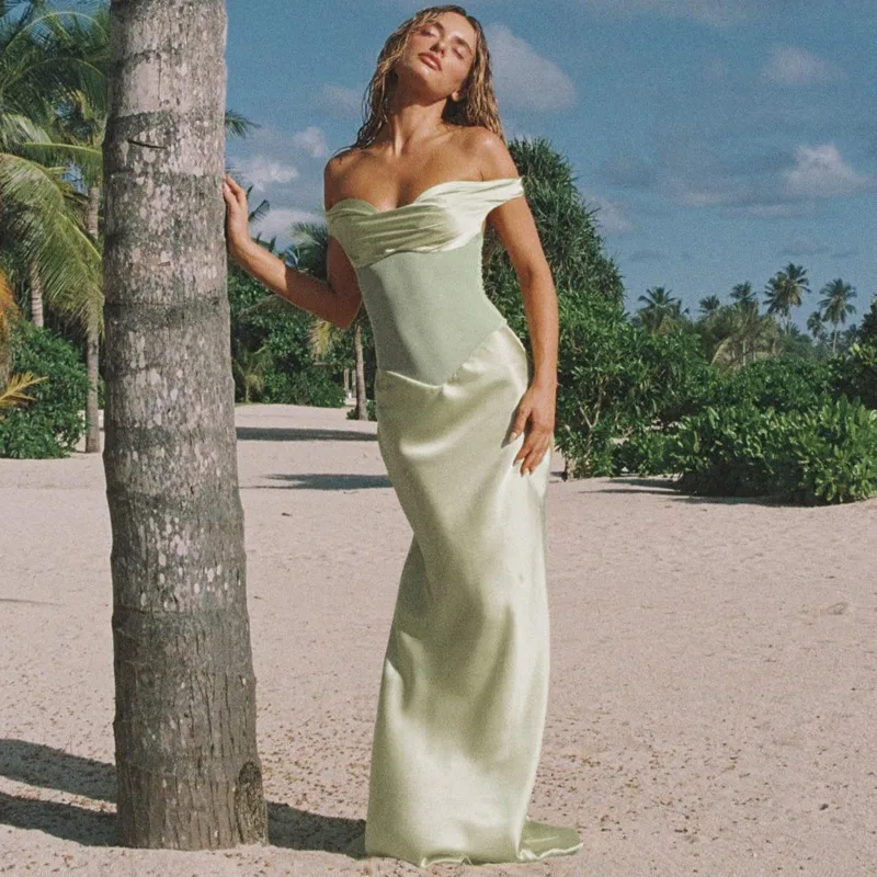 Elegancka satynowa sukienka maxi z odkrytymi ramionami dla kobiet Nowa seksowna sukienka wieczorowa typu bodycon z odkrytymi ramionami na imprezę lub do klubu nocnego