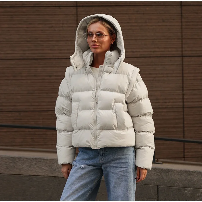 Damen-Wintermäntel, abnehmbare Weste mit langen Ärmeln, wattierte Jacken mit Kapuze, Street-Lady-Stil, Stehkragen, Reißverschluss, lockere Passform, neue Oberbekleidung. – Detail 11