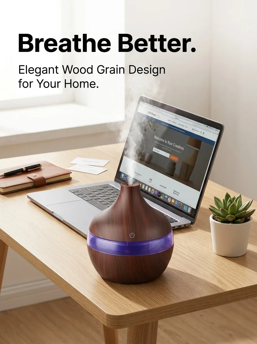 HONSUN Humidifier for Bedroom, 300ml Essential Oil Diffuser with 7-Color LED Night Light, Dark Wood Grain Ultrasonic Cool Mist Humidifier, Portable USB Desktop Aroma Humidifier with 4-Hour Auto Shut-Off, Compact Size for Home Office Spa