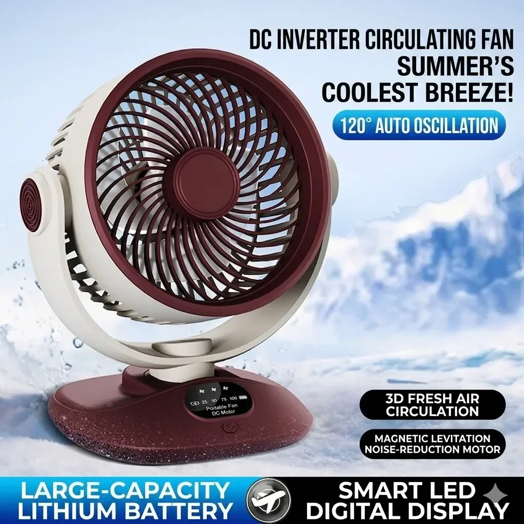 Desktop Fan Rechargeable Turbo Air Circulator 3 Speeds LED Display Quiet Portable Fan For Home Office Outdoor Camping