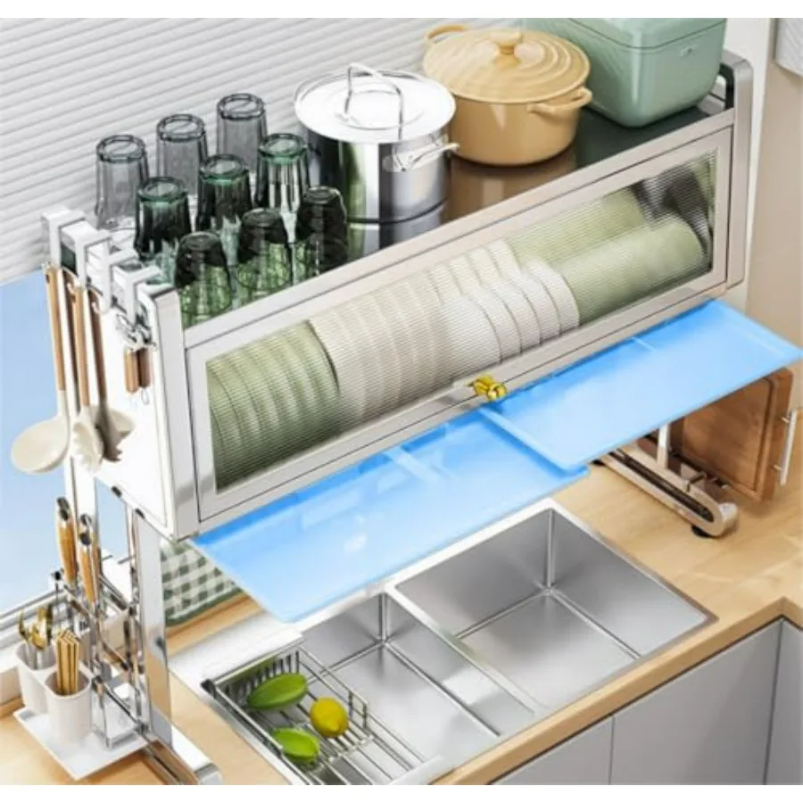 2 طبقات فوق بالوعة تجفيف الأطباق الرف مع صينية استنزاف حوض الفولاذ المقاوم للصدأ تجفيف الرف مع سعة كبيرة طبق تخزين المطبخ R #3