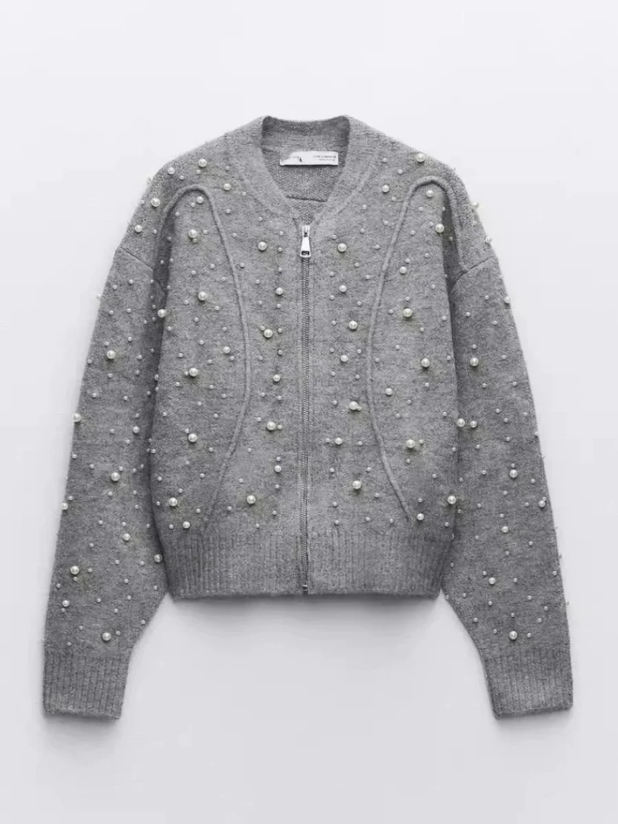 

Retro Sle Women's Knitted Cardigan Sweater Pearl Decorated Loose Fit Woolen Long Sve Zipper Closure Color Outerwear