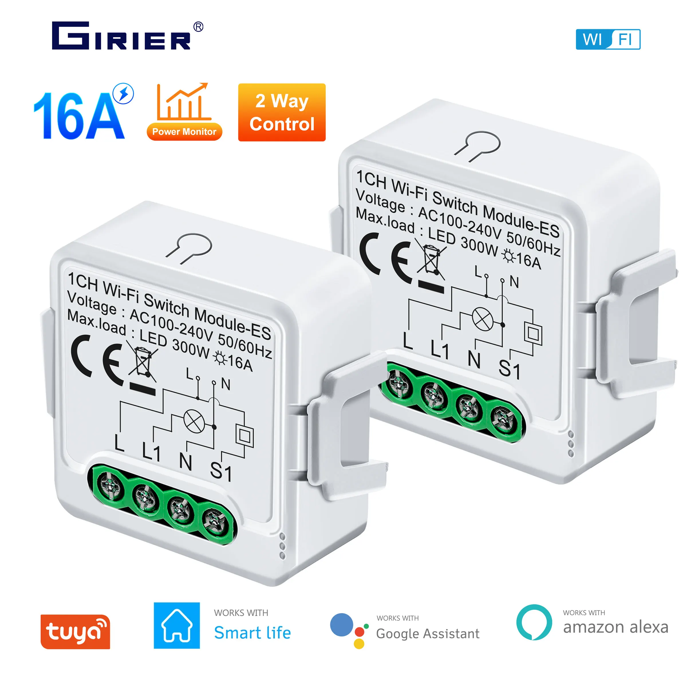 GIRIER Tuya Smart Wifi Switch Module with Energy Metering 2 Way Control Function 16A Works with Alexa Google Home Yandex Alice