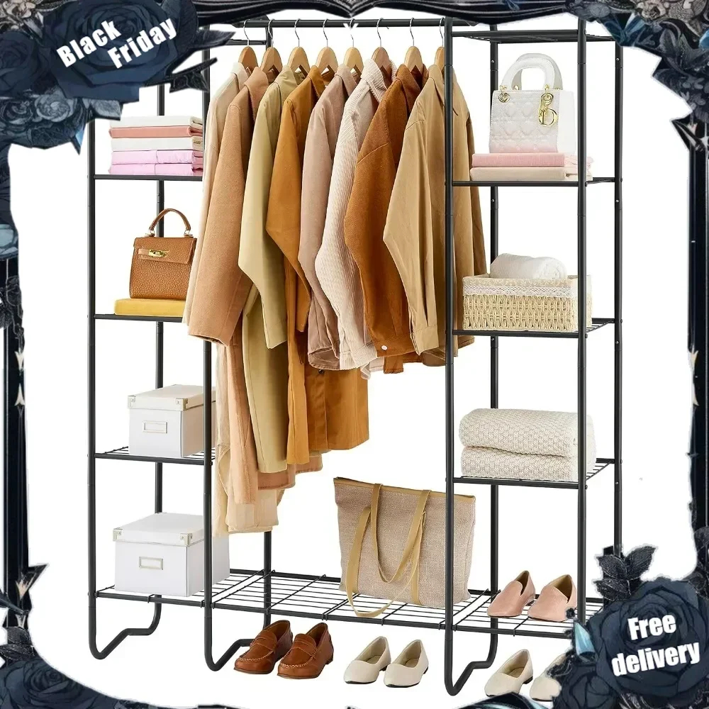 

Wardrobe Closet with 8 Metal Shelves, Freestanding Garment Rack, Heavy Duty Clothing Rack For Hanging Clothes