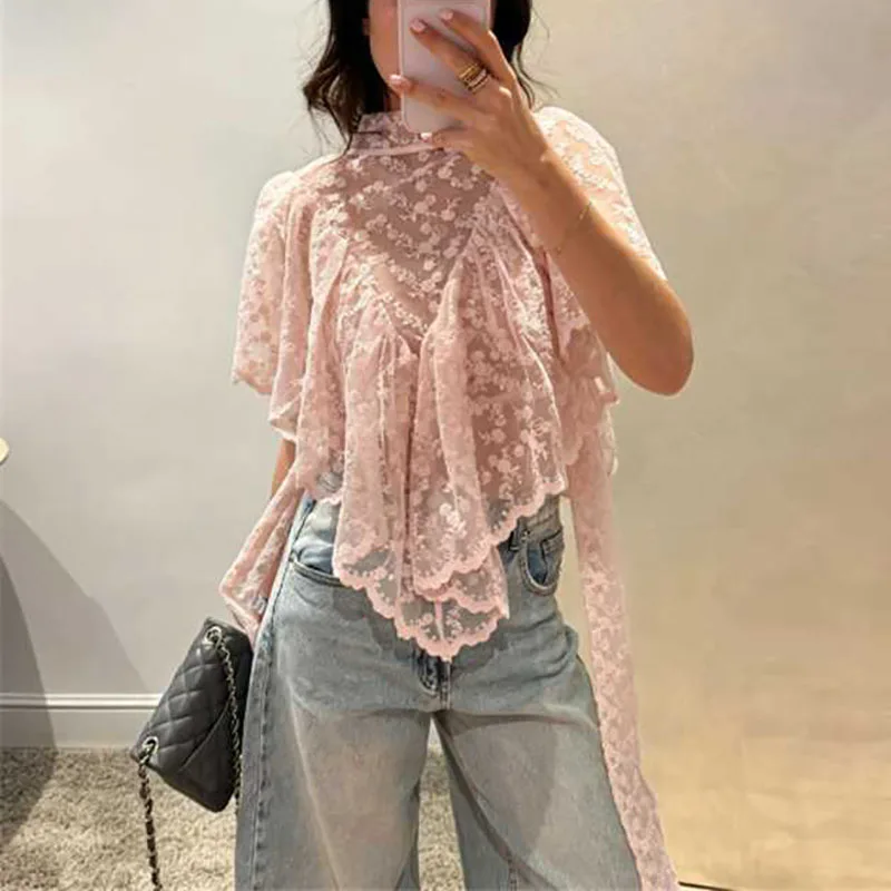 

Lady Summer Flower Embroidery Lace Tees Vintage Mesh Sheer Irregular Ruffled Pullover 2026 Spring Summer Lady Beach Holiday Top
