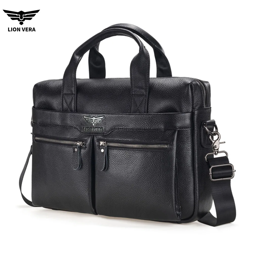 LION VERA Men's Large Capacity Briefcase Genuine Leather 15.6-inch Portable Laptop Bag Business Fashion Crossbody Handbag