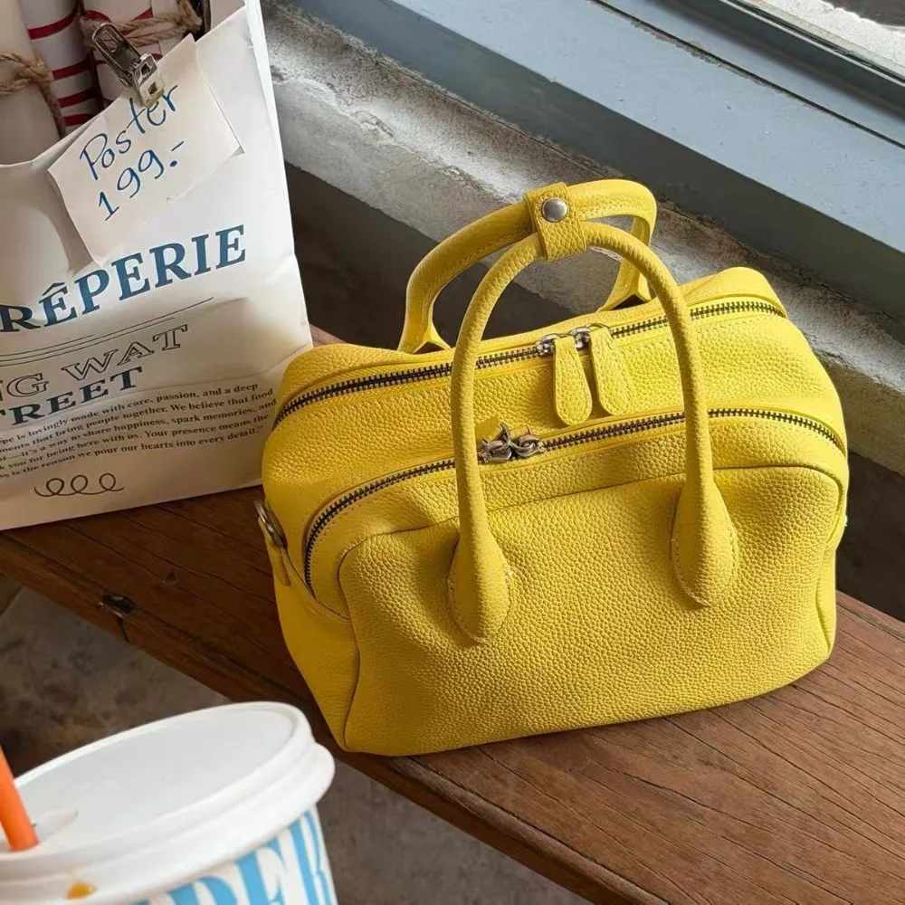 Spring Summer 2026 Yellow Litchi Texture Bowling Bag Handheld Commuter Versatile Single Shoulder Slant Cross Bag for Women