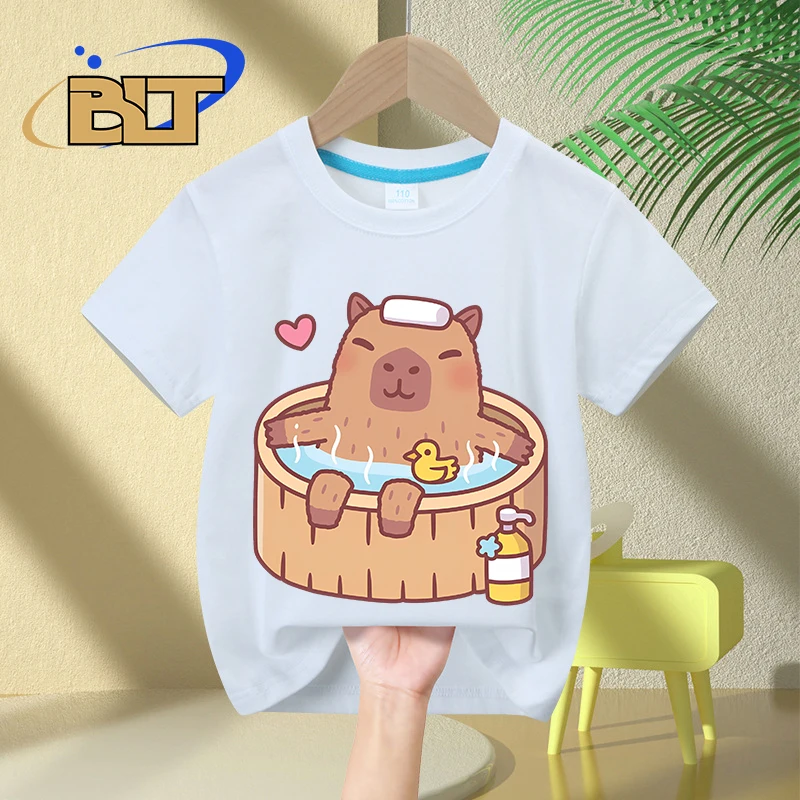 Cute Capybara and Ducky Relaxing in Hot Bath printed kids T-shirt summer pure cotton short-sleeved boys and girls