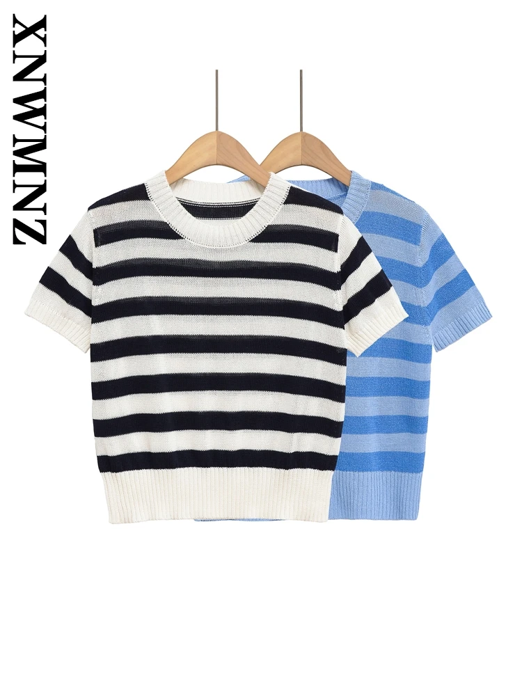 

XNWMNZ 2025 Summer Woman's Korean Short Sleeve Knit Sweater Jumper Trendy Lady O-Collar Top Ruffles Regular Fit T-shirt Print